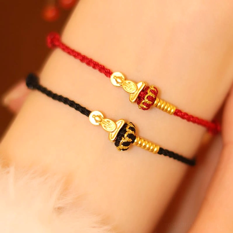 Premium handcrafted red string Buddhist protection bracelet with natural material details