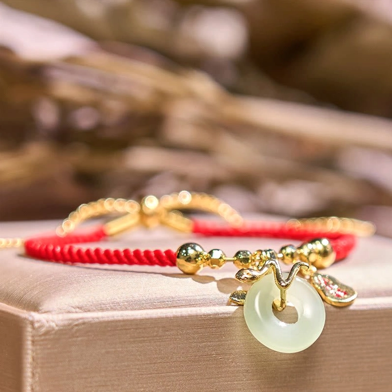 Premium natural jade peace buckle charm on adjustable red lucky string bracelet