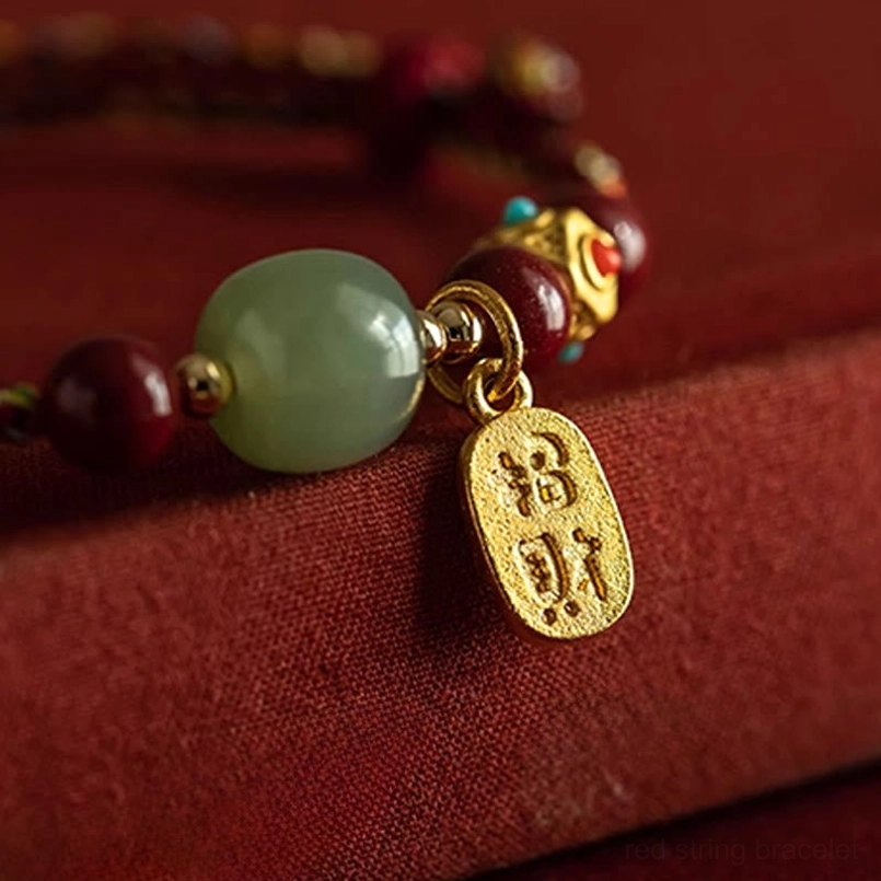 Fortune charm bracelet featuring hetian jade beads and five-colored red string protection symbol