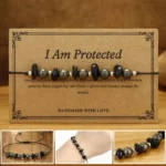 I Am Protected black obsidian iron pyrite protection bracelet on kraft display card with handmade tag