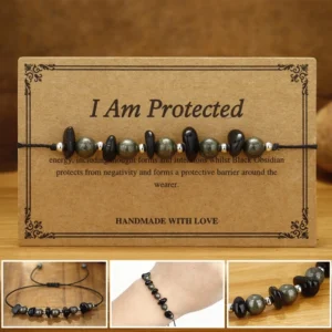 I Am Protected black obsidian iron pyrite protection bracelet on kraft display card with handmade tag