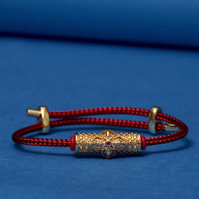 Protective red string luck bracelet with silver tone metal and colorful petals variant