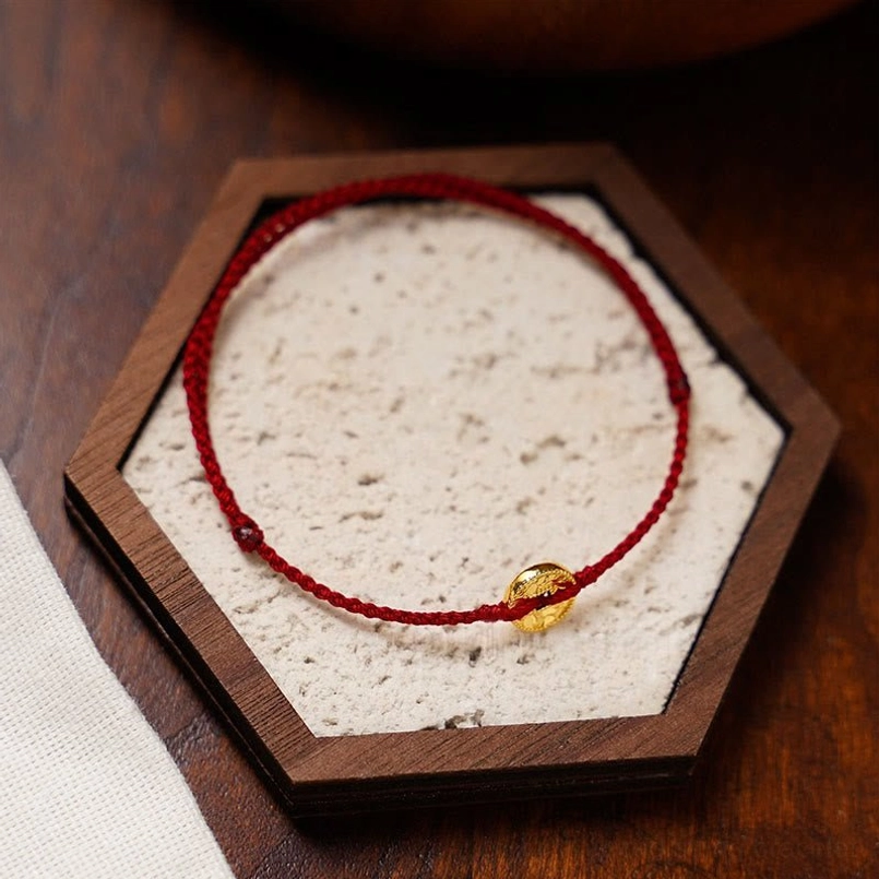 Pure red string bracelet and anklet with copper coin charm Tibetan Buddhist adjustable design