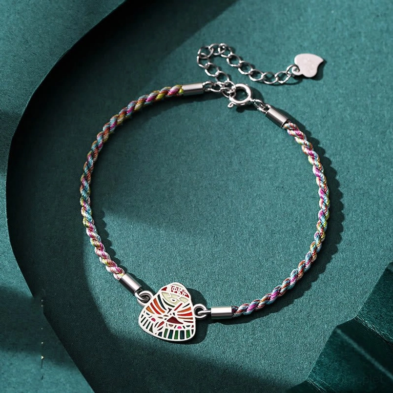Purple blue yellow mixed woven zongzi charm red string bracelet with silver heart tag