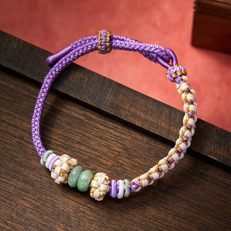 Purple handmade Chinese knot bracelet with protective jade stone beads