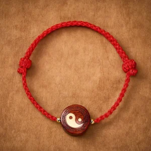 Purple sandalwood yin yang red string bracelet with gold spacer beads, top view on kraft paper