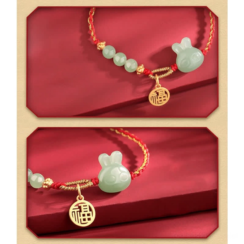 Multiple angle views of red string Hetian jade bracelet on red silk background