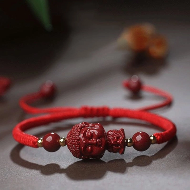 Rabbit zodiac patron Manjushri Bodhisattva cinnabar bracelet top view
