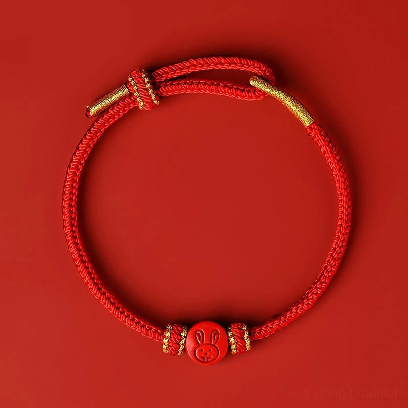 Rabbit zodiac red string bracelet with cinnabar charm and gold accents