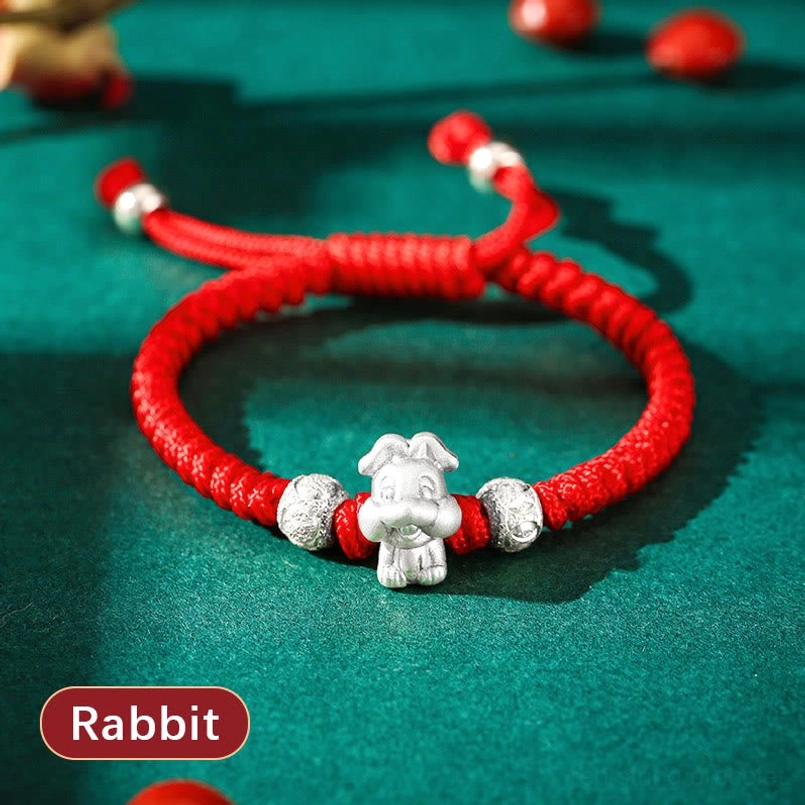 Rabbit Chinese zodiac 999 sterling silver red woven rope kids bracelet handcrafted