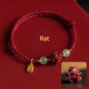 Rat zodiac cinnabar jade fu luck bracelet with red string - Chinese zodiac design