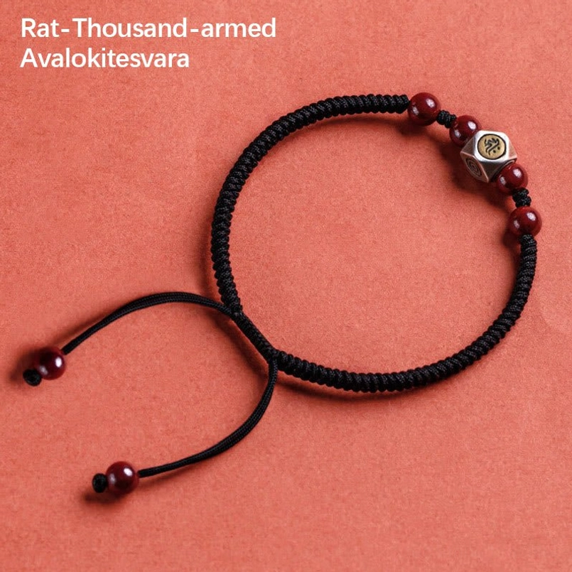 Black braided zodiac natal buddha bracelet with rat thousand-armed avalokitesvara and natural cinnabar beads