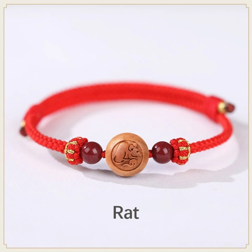 Rat zodiac peach wood fortune bracelet with red woven rope and carved rat charm - prosperity talisman