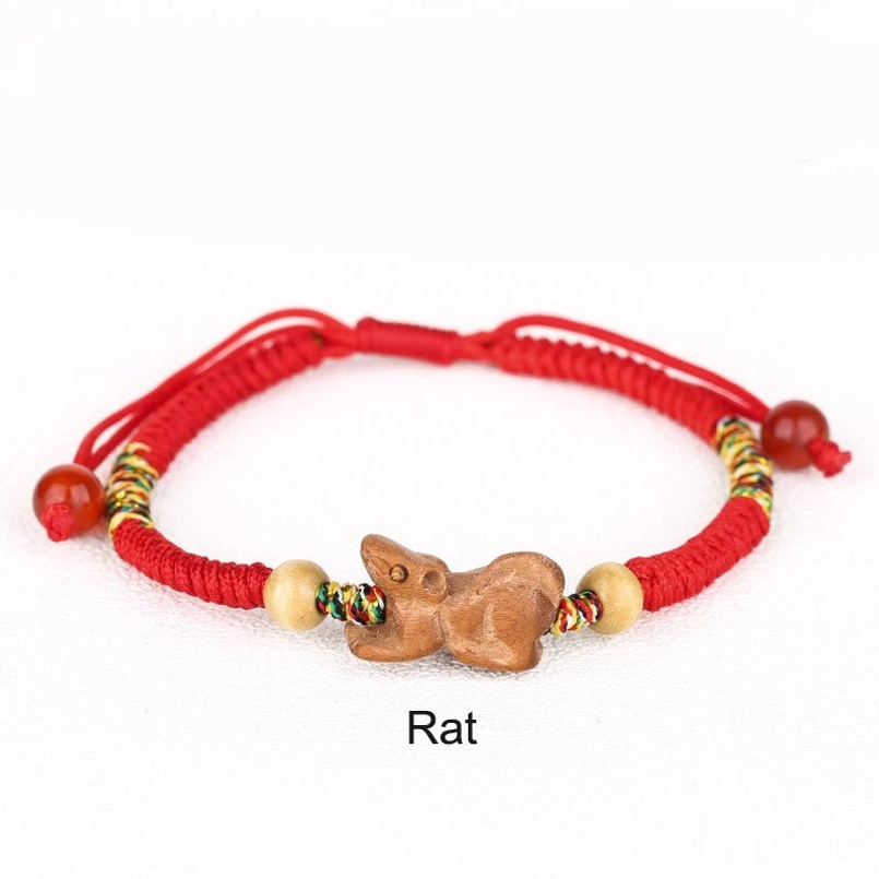 Rat zodiac red string lucky bracelet peach wood charm