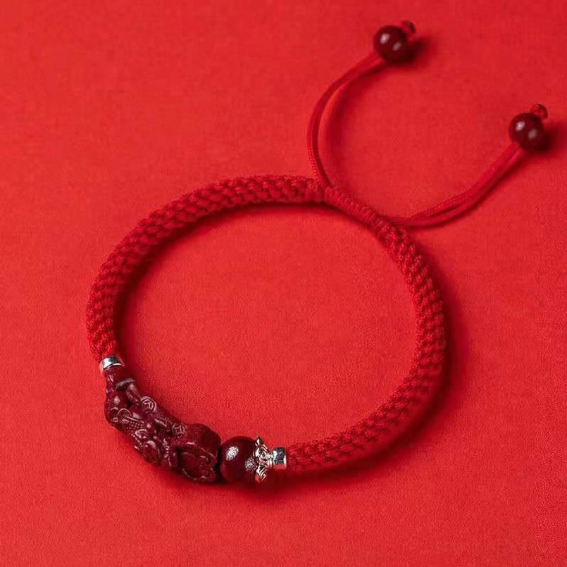 Red adjustable rope Pixiu cinnabar bracelet with knot closure option