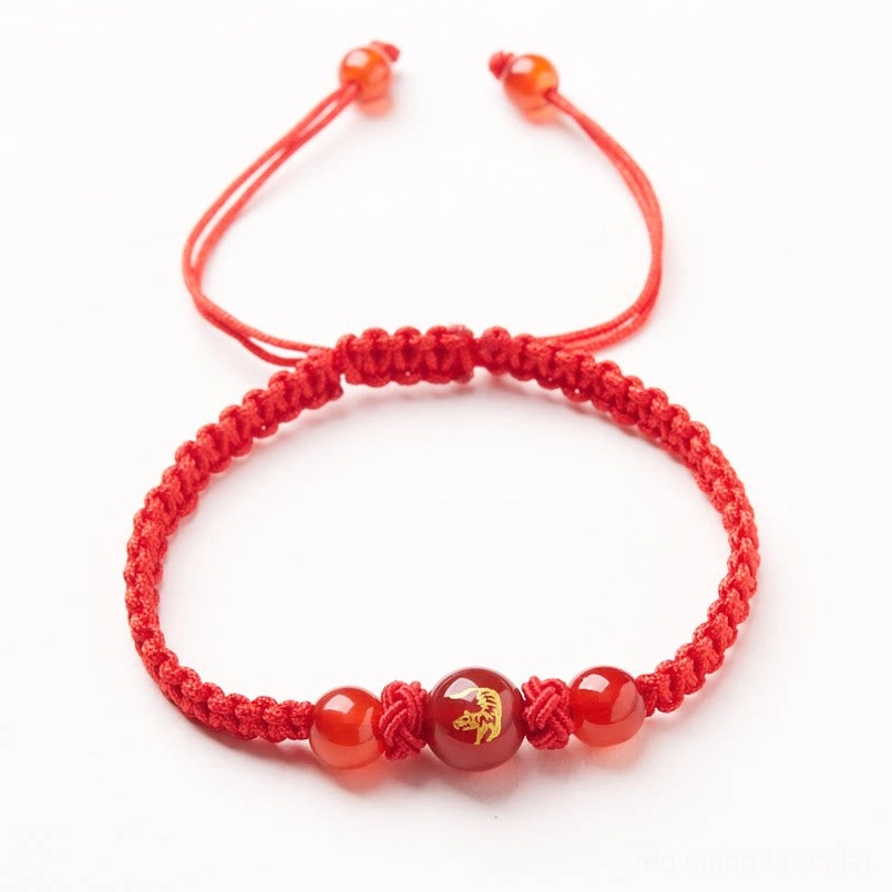 Red agate Chinese zodiac Tiger bracelet with natural stone and protective cord