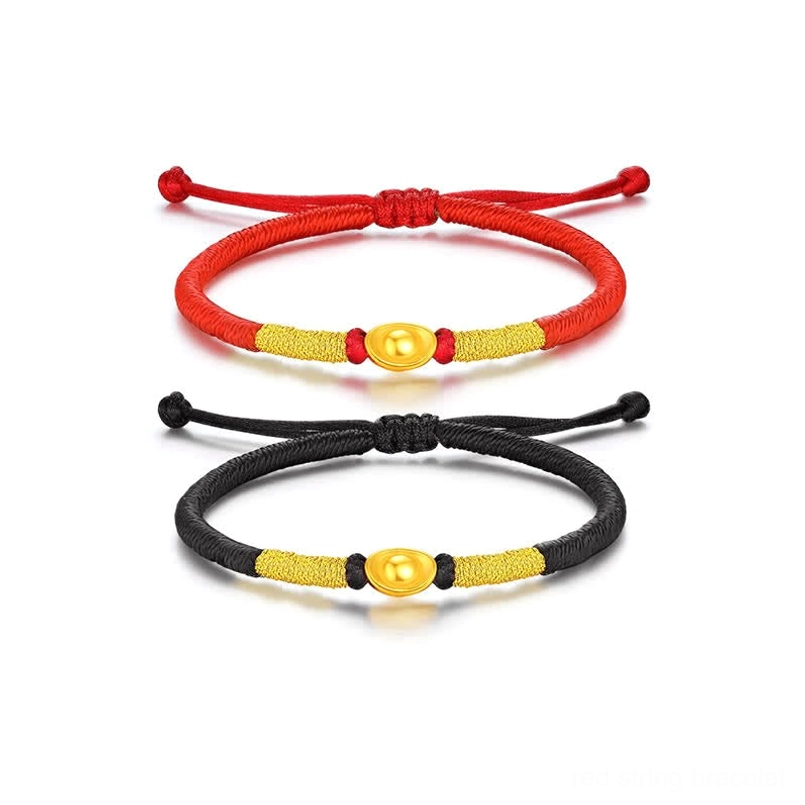 Stacked luck bracelets featuring red and black string cords with matching gold yuanbao ingot charms
