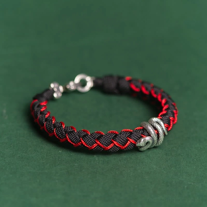 Red Black Braided Rope 999 Sterling Silver Snake Bracelet Full View