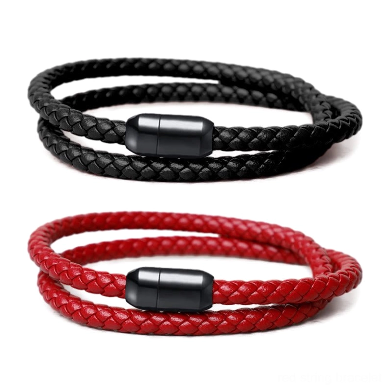 Red and black genuine leather bracelets side by side showing both color options with magnetic fasteners