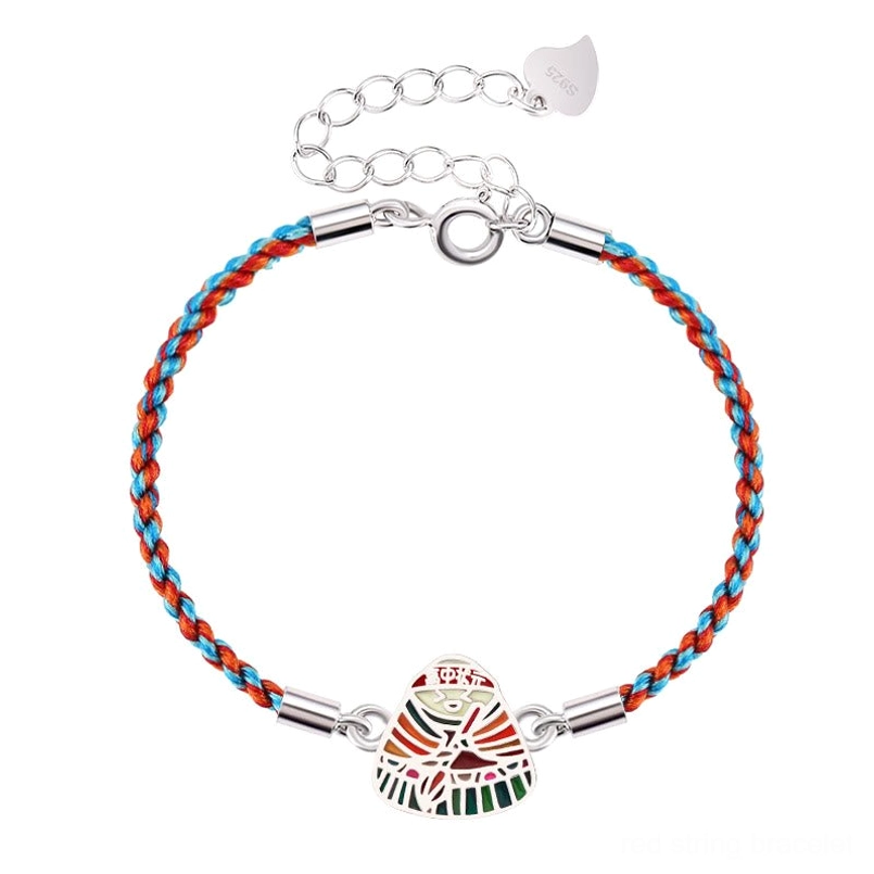 Standard red blue mixed zongzi charm 925 sterling silver red string bracelet top view