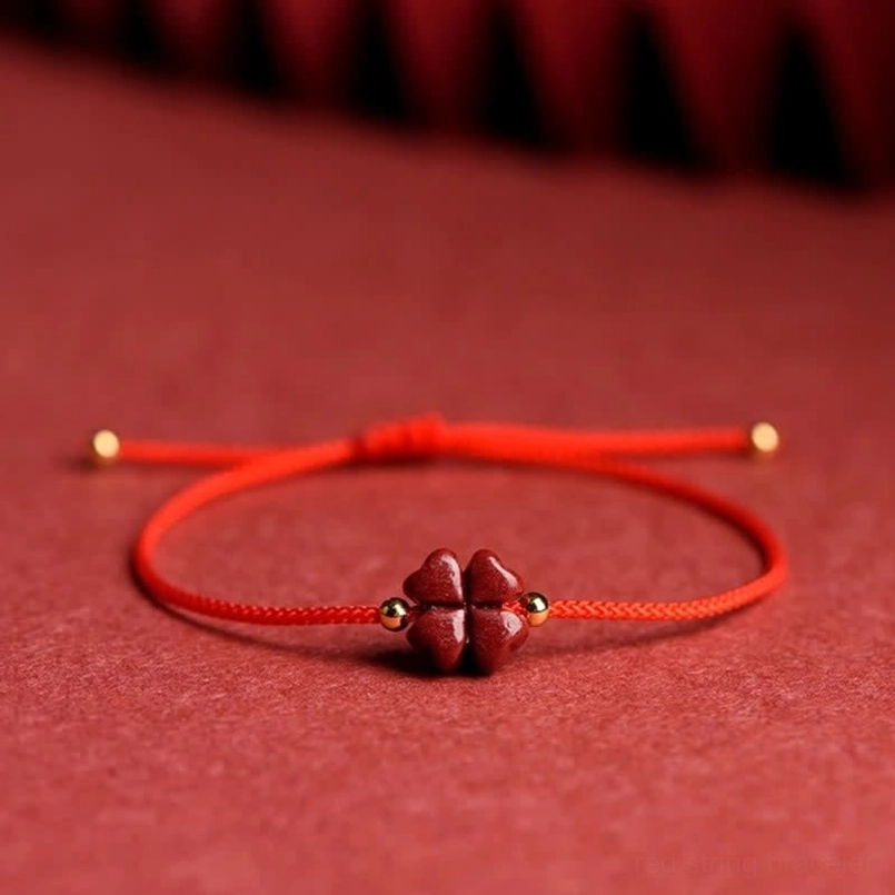 Red cinnabar four leaf clover string bracelet anklet knotted cord ends traditional design