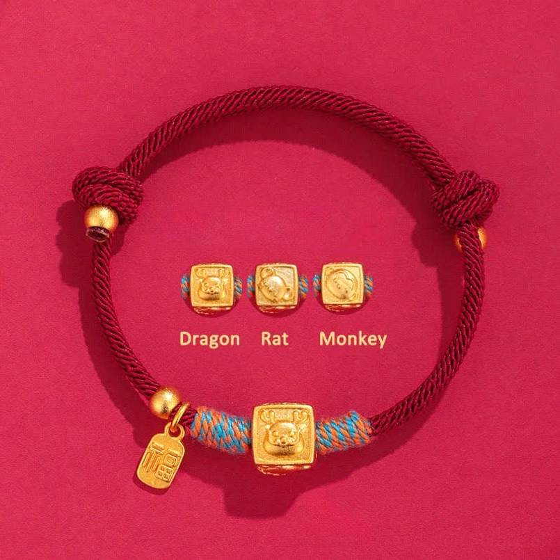 red cord Chinese zodiac bracelet with Dragon Rat Monkey charm and blessing Fu character