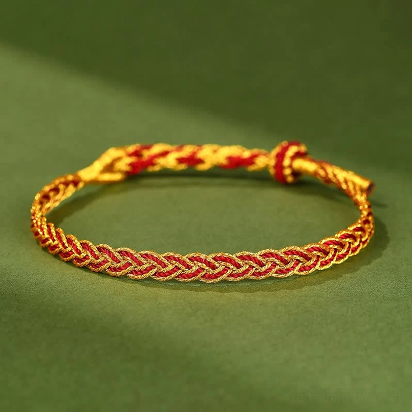 Red and gold braided luck bracelet with knotted adjustable clasp, featuring solid red and metallic gold weave design for protection and prosperity