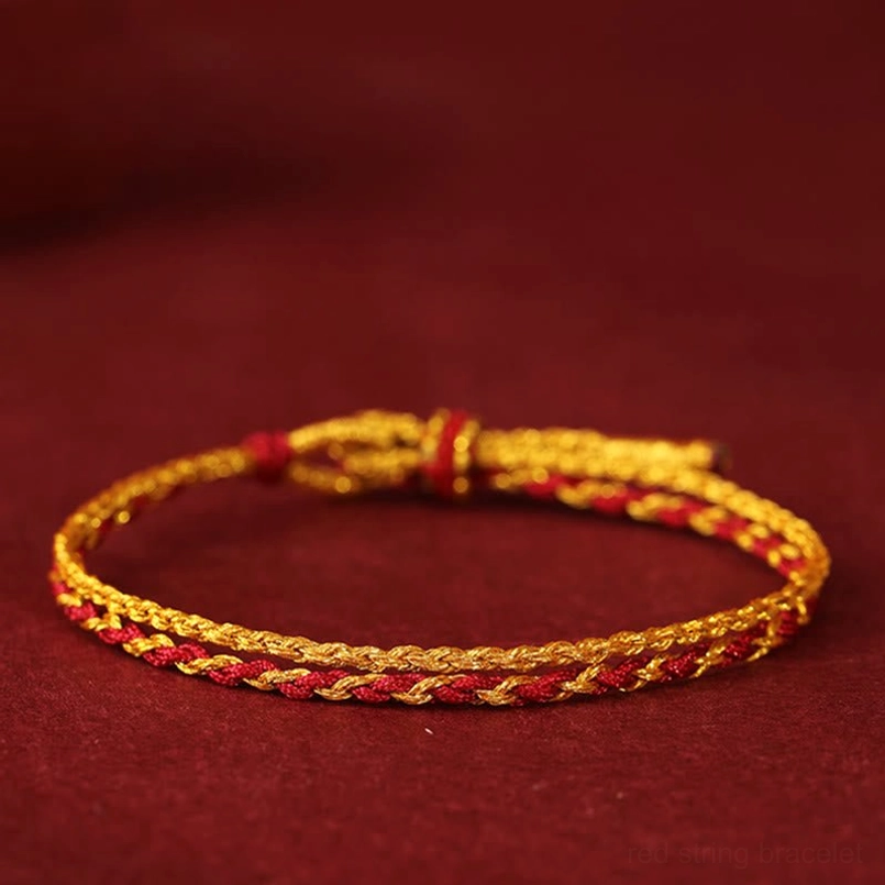 two tone red gold braided bracelet side front view adjustable knot detail