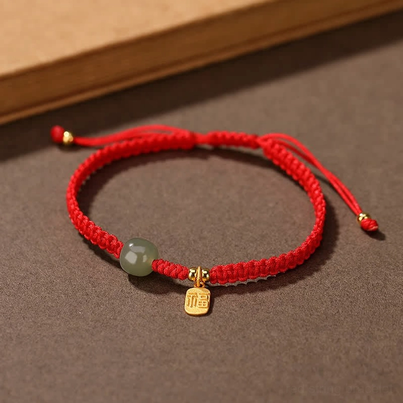 Red woven Hetian jade blessing bracelet with adjustable pull-tie closure - overhead view