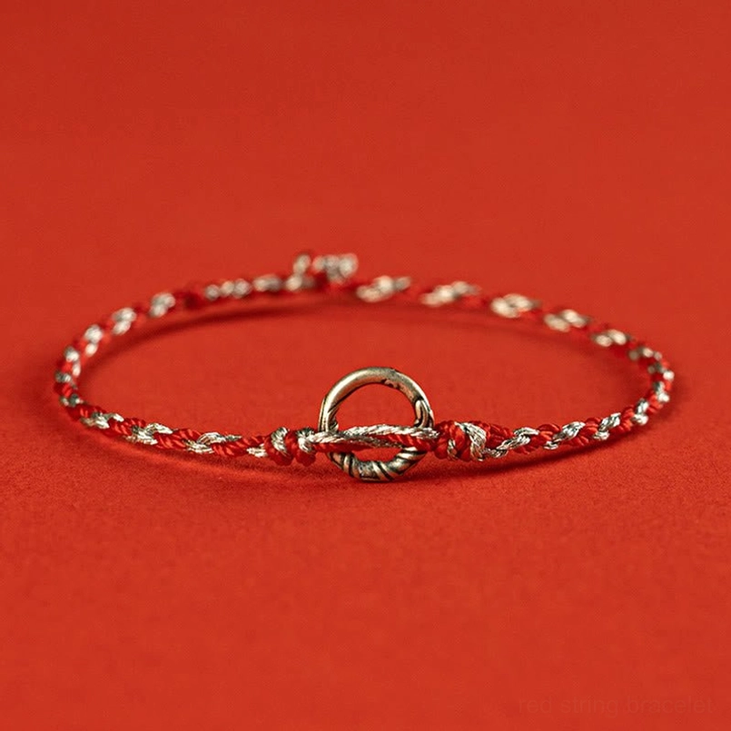 Red silver peace buckle bracelet with twisted woven twine and round silver charm