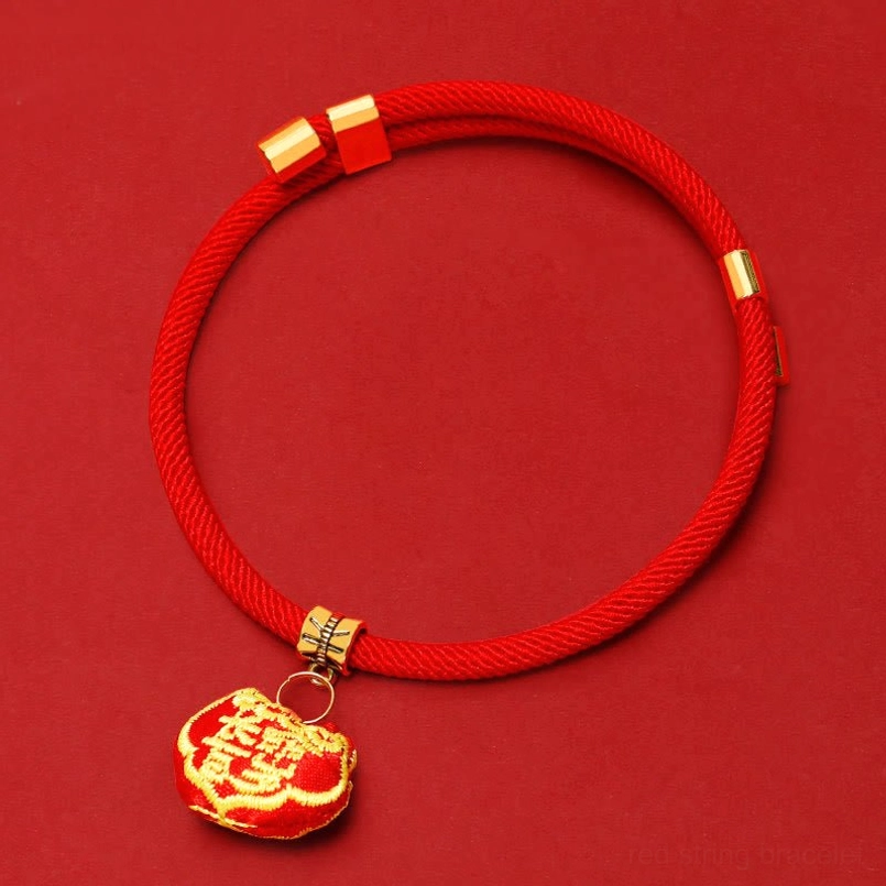 Ruyi lock design red string pet collar with gold beads and traditional charm pendant