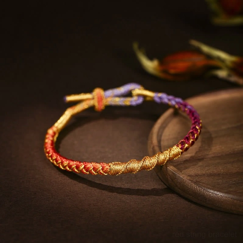 Dual-tone red purple orange gold Tibetan braided bracelet on dark wooden background flat lay