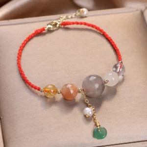 Red rope moonstone peace buckle healing bracelet with gold chain tassel in luxury gift box
