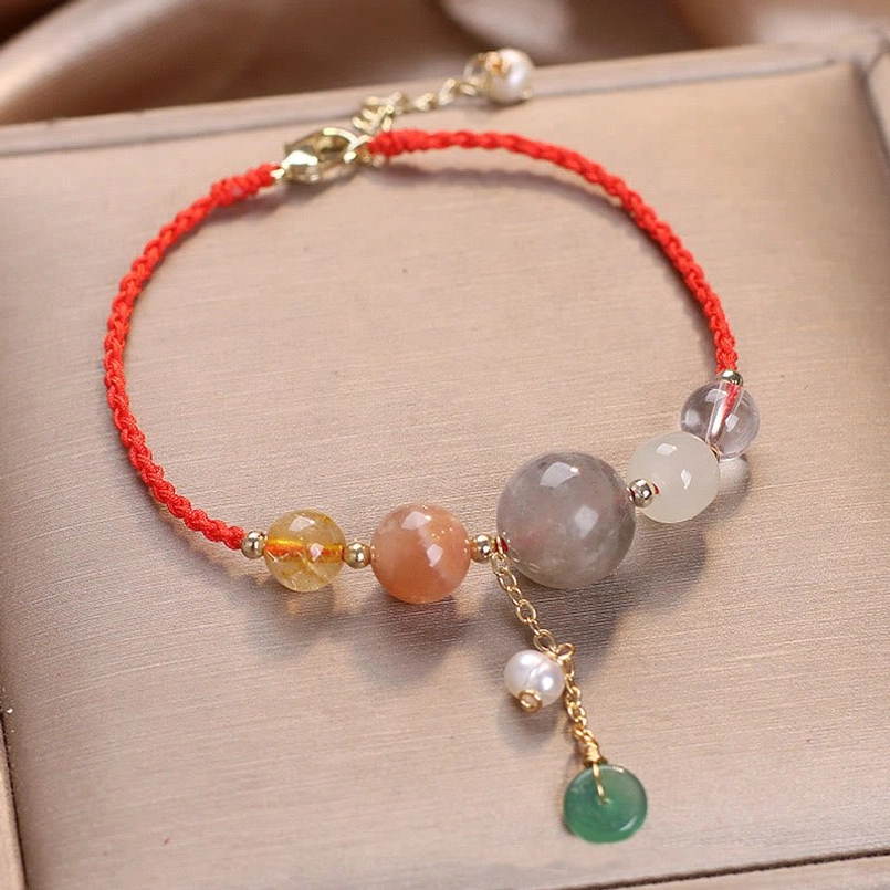 Red rope moonstone peace buckle healing bracelet with gold chain tassel in luxury gift box