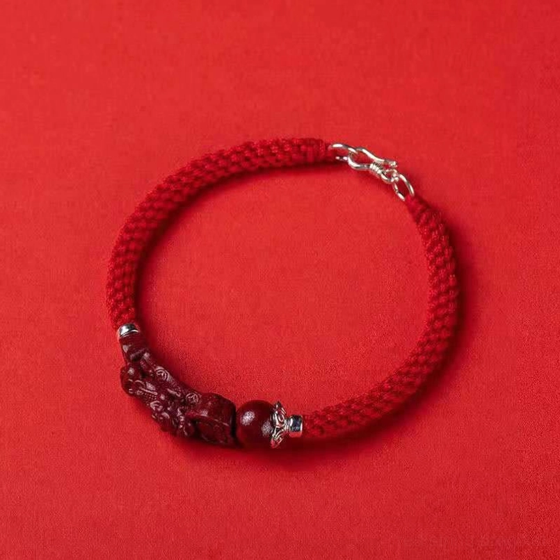 Red braided rope Pixiu cinnabar bracelet with silver buckle closure