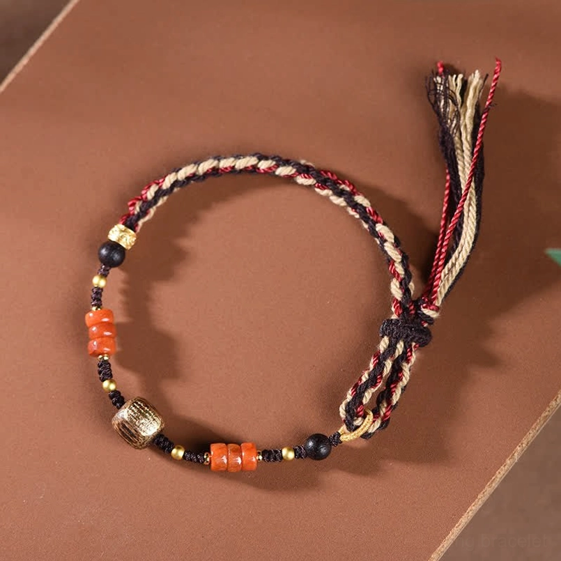 Double-layer braided red sandalwood blessing cord bracelet with agate beads and metal round decorative spacer