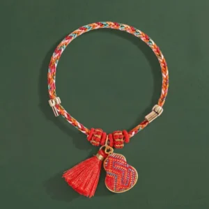 Red five color song brocade red string protection bracelet with gold clasp and embroidered gourd charm