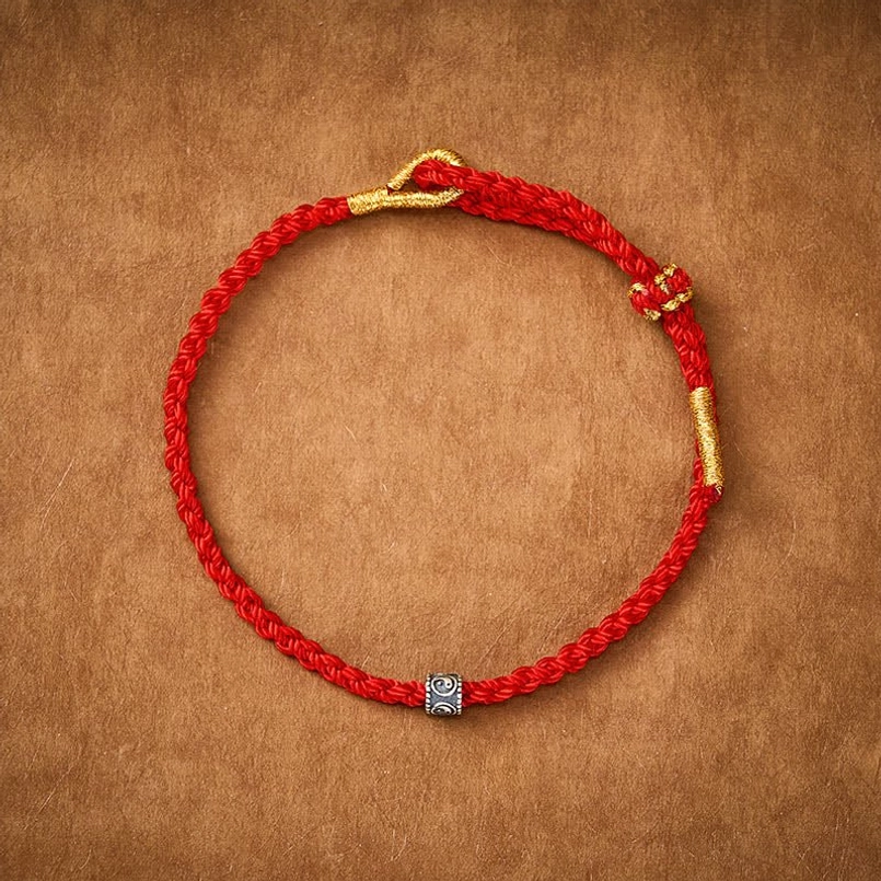 Minimalist red string bracelet flat lay featuring silver Yin Yang charm on leather