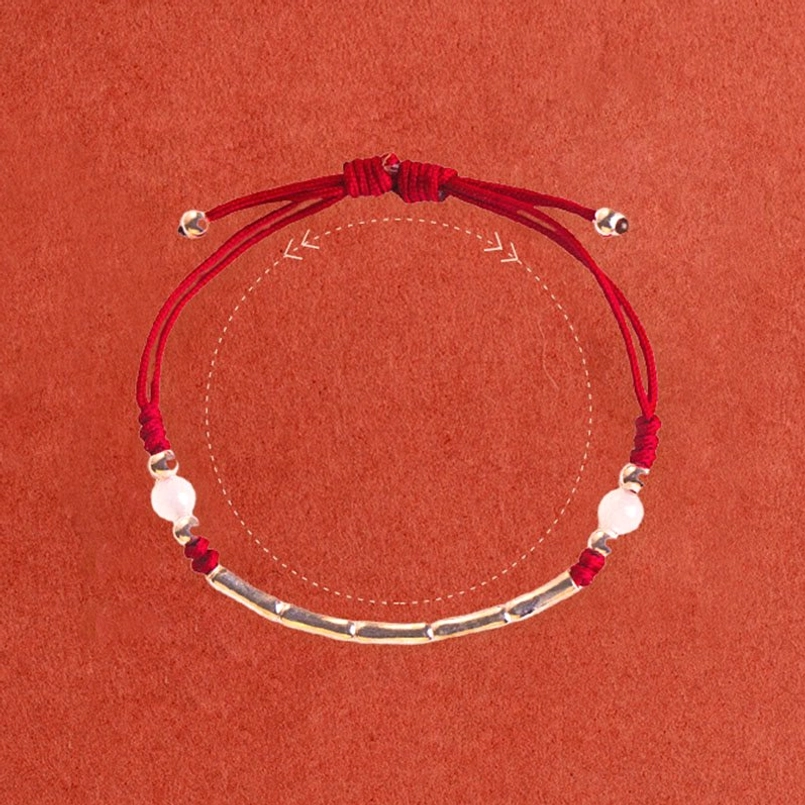 Red string braided adjustable bamboo silver bead bracelet with knot closure