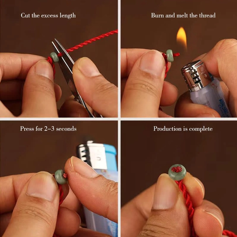 DIY tutorial for red string belly chain showing hand steps to trim, melt, seal and complete assembly