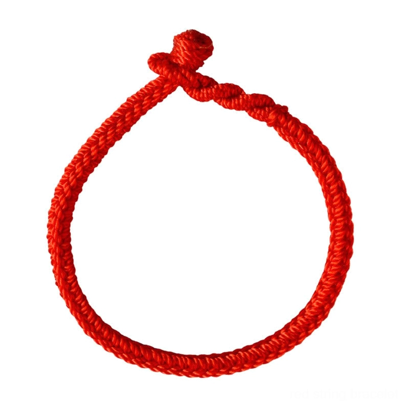 Single red handmade tibetan string bracelet front view with braided knot detail