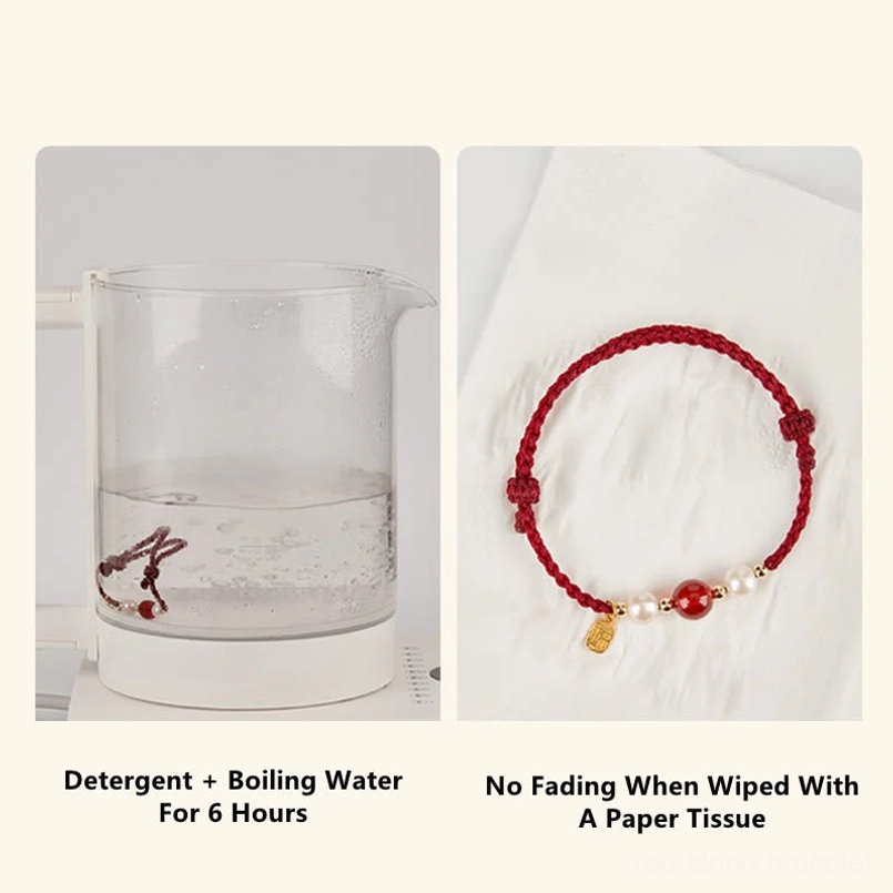 Bracelet care guide showing water durability test on left and bracelet on white fabric on right