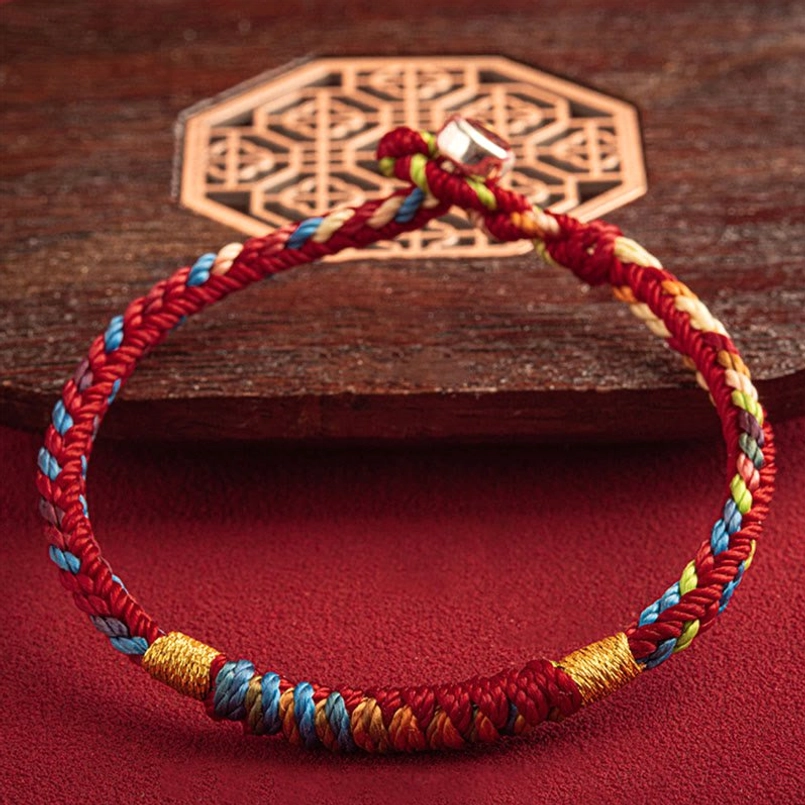Complete red string blessing bracelet circular knot metal clasp overhead