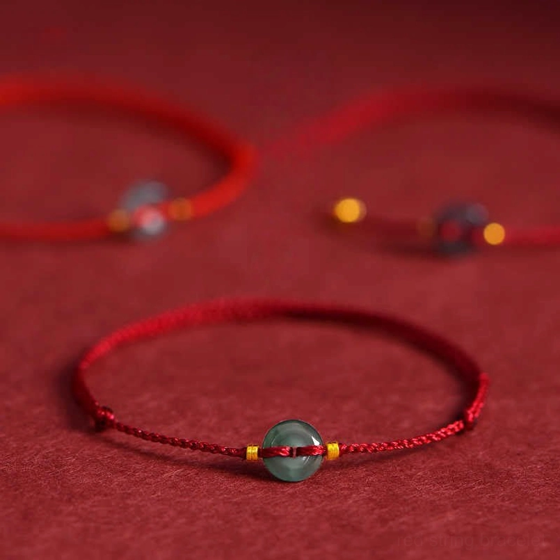 Bracelet components and finished red string jade peace buckle bracelet - showing assembly and final product
