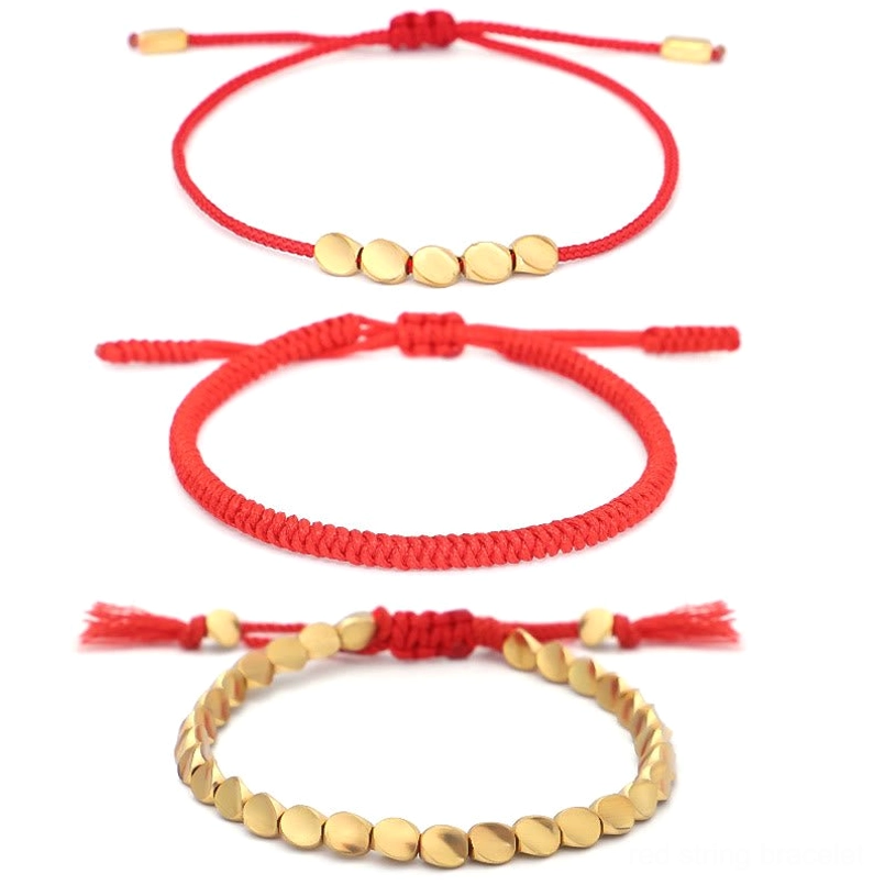 Red string bracelet destiny protection set of 3 handcrafted copper beads lifestyle