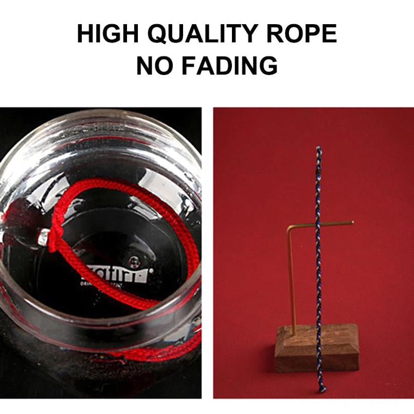 Multicolored braided red string bracelet fade test and display on wooden stand showing durability