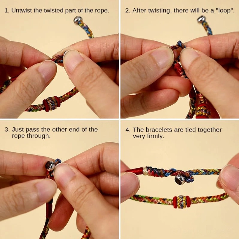 Four-step instructional guide showing how to secure and fasten the lucky red string bracelet tightly