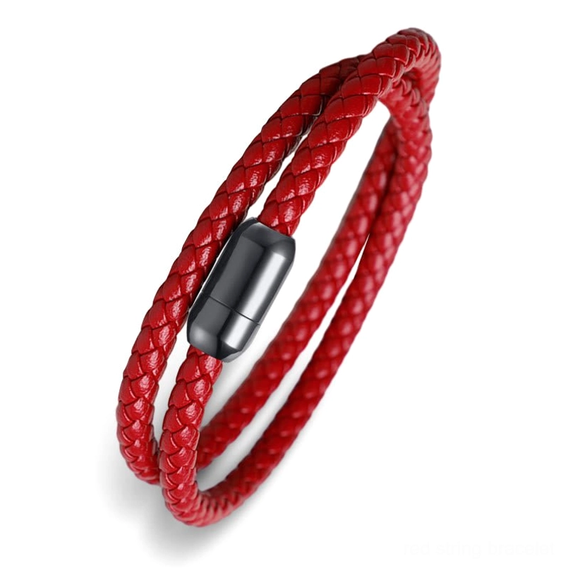 Red string leather bracelet front view showing braided texture and polished magnetic clasp