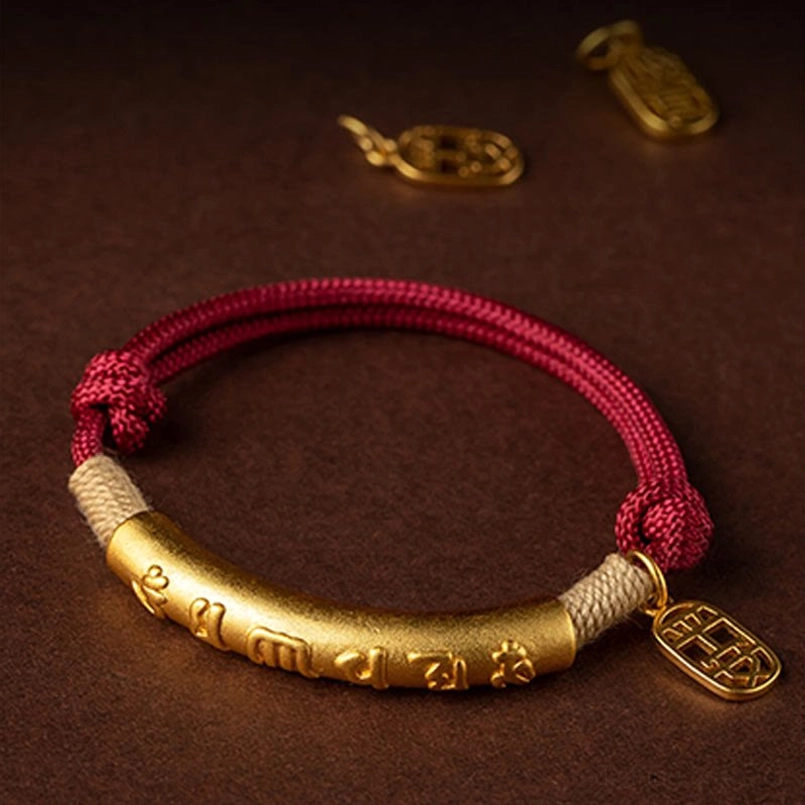 tibetan blessing bracelet red and beige rope with square gold fu charm