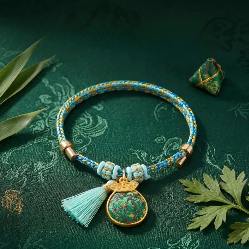 Hand-woven protection bracelet Song Brocade gourd charm pendant blue yellow braided cord fortune amulet detail